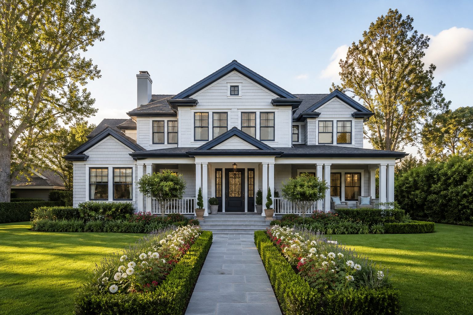 A beautifully painted two-story craftsman style home with a pristine white facade, navy blue trim, lush green landscaping with manicured hedges and blooming flowers, bright afternoon sunlight, photorealistic architectural photography