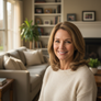 Portrait of Linda T., a homeowner client, warm smile, home interior background, natural light