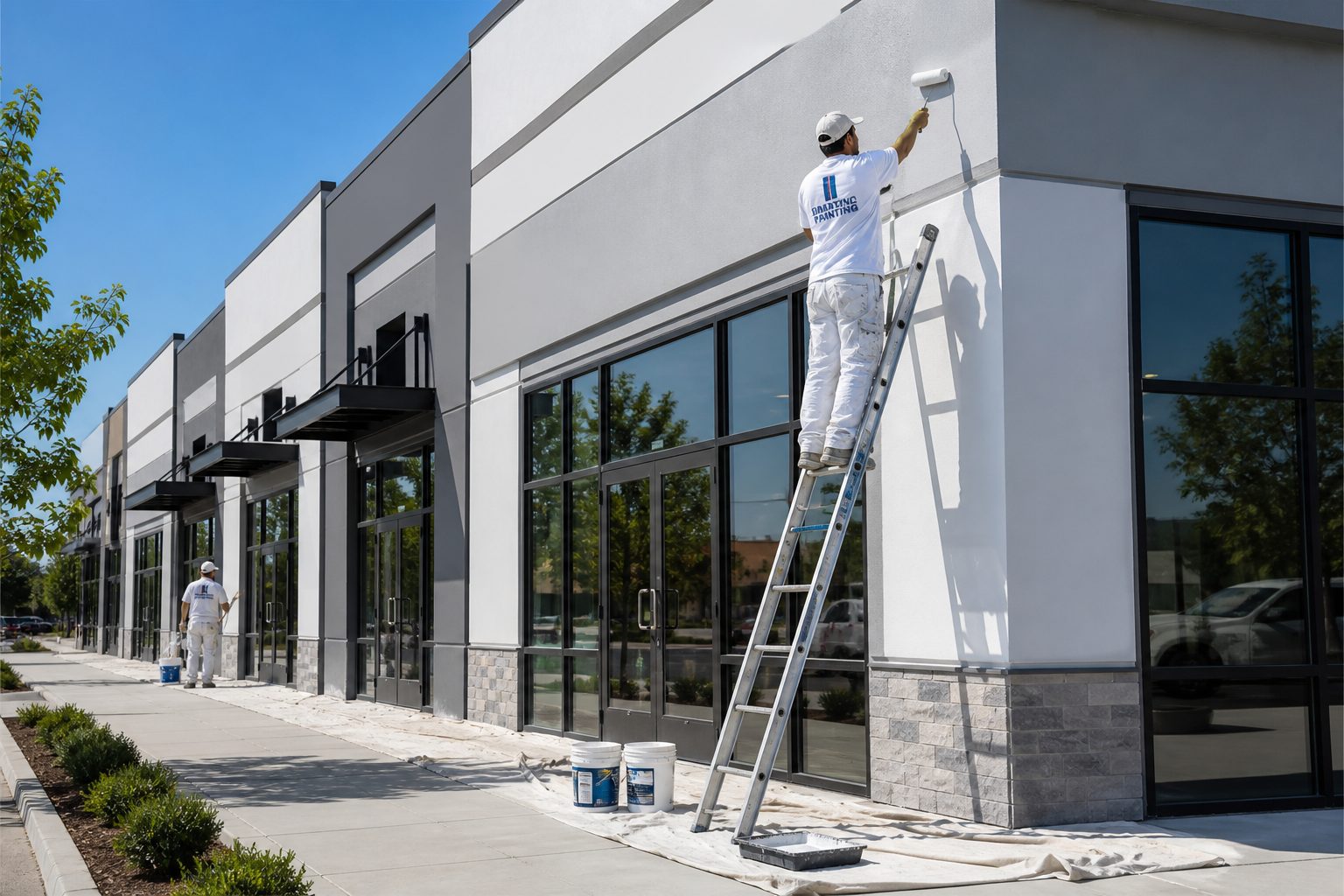 Painting crew applying fresh coating to a modern commercial storefront building
